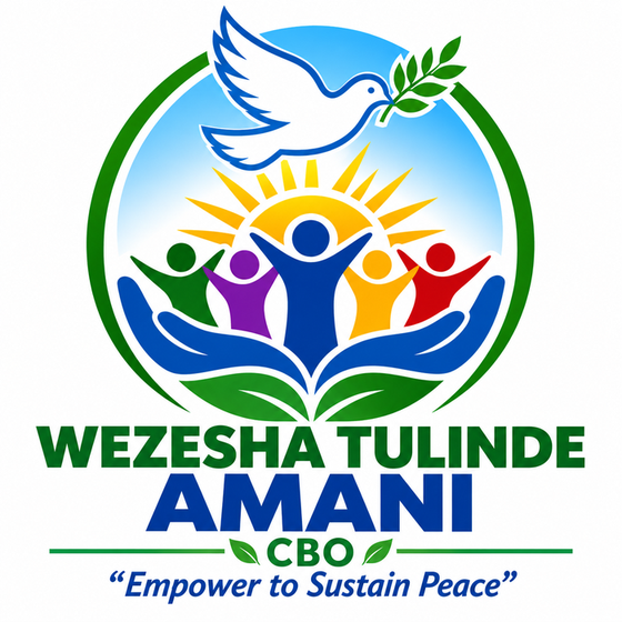 Wezesha Tulinde Amani logo: a dove with an olive branch over a rising sun and a community of people held in open hands
